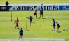 Players of Bundesliga soccer club Schalke 04 exercise in Gelsenkirchen, Germany, Thursday, May 14, 2020. Bundesliga will now restart on May 16, 2020 when Borussia Dortmund will play the derby against FC Schalke 04 at home without spectators due to the coronavirus outbreak. (AP Photo/Martin Meissner)