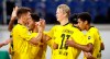 Dortmund's Jude Bellingham, right, celebrates after scoring his side's second goal during the 1st round German Soccer Cup match between MSV Duisburg and Borussia Dortmund in Duisburg, Germany, Monday, Sept. 14, 2020. (AP Photo/Martin Meissner)