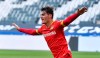 Leverkusen's Patrik Schick celebrates after scoring the opening goal during the German Bundesliga soccer match between Borussia Moenchengladbach and Bayer Leverkusen in Moenchengladbach, Germany, Saturday, March 6, 2021. (AP Photo/Martin Meissner, Pool)