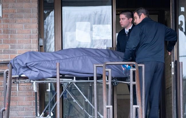 A body is removed from the long care home Yvon-Brunet in Montreal on Monday, April 13, 2020. Canada’s top public health doctor says deaths in long-term care facilities will likely continue to rise, even as the growth of overall COVID-19 cases begin to slow.THE CANADIAN PRESS/Paul Chiasson