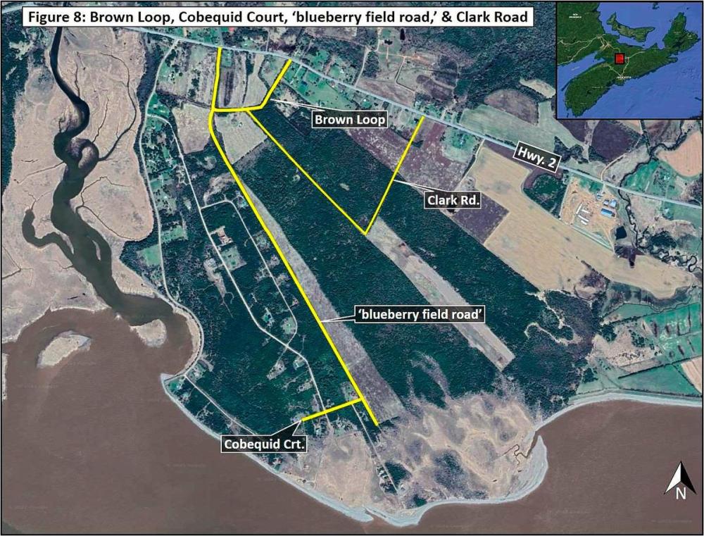 - Photo courtesy of Mass Casualty Commission
An aerial photograph of Portapique, N.S. highlights in yellow the gunman’s path down little-used roads to elude an RCMP checkpoint and reach Highway 2.