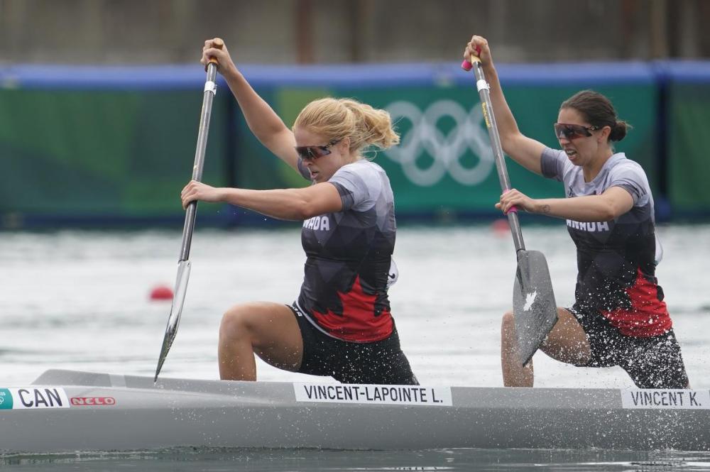 Nathan Denette - THE CANADIAN PRESS
Laurence Vincent-Lapointe, left, and Katie Vincent compete in the women’s canoe double 500-metre finals during the Tokyo Olympics on Friday.