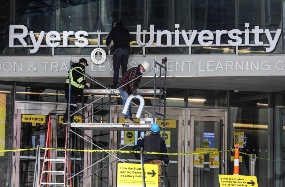 Richard Lautens - Toronto Star
The sign at the main student centre on Yonge Street is removed as Ryerson University is to be renamed Toronto Metropolitan University.