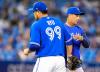 Mark Blinch - Getty Images
After no-hitting the Orioles through five, Blue Jays lefty Hyun-Jin Ryu let the game get away in the sixth, bringing manager Charlie Montoyo to the mound.