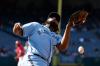 Michael Owens - GETTY IMAGES
Blue Jays first baseman Vladimir Guerrero Jr. can’t find the ball in the sun in the fifth inning, allowing two Angels runs to score.