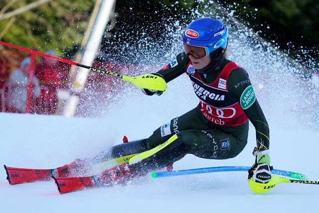 United States' Mikaela Shiffrin competes during an alpine ski, women's World Cup slalom in Zagreb, Croatia, Thursday, Jan. 5, 2020. (AP Photo/Giovanni Auletta)