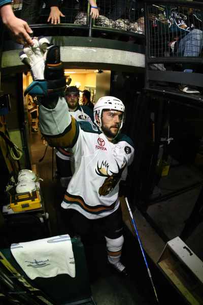 Manitoba Moose player Nolan Baumgartner enters the ice for the pre-game warm up of game six of the AHL Calder Cup finals.  TREVOR HAGAN/WINNIPEG FREE PRESS