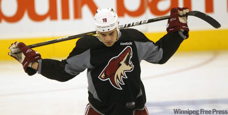 Joe Bryksa / Winnipeg Free Press
Phoenix Coyotes Rostislav Klesla stretches out during practice Wednesday afternoon at the MTS Centre in Winnipeg.