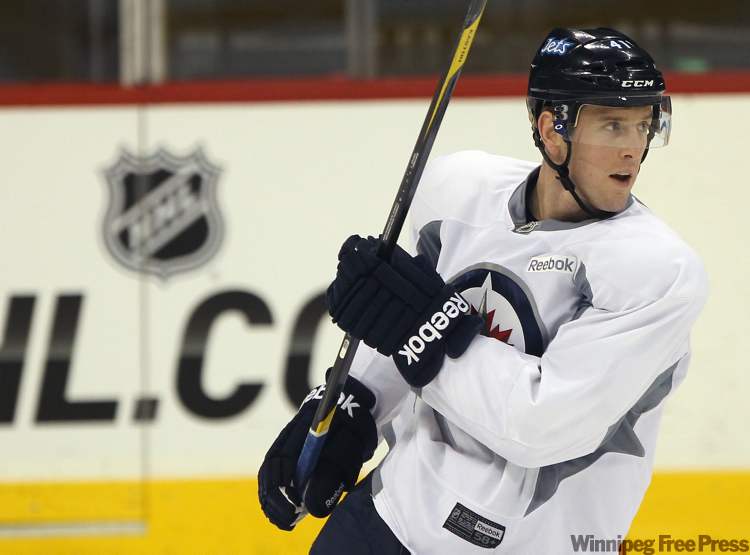 Joe Bryksa / Winnipeg Free Press
Winnipeg Jets Jason Jaffry at morning practice at the MTS Centre in Winnipeg Thursday. The Winnipeg Jets will face the Phoenix Coyotes on home ice tonight.