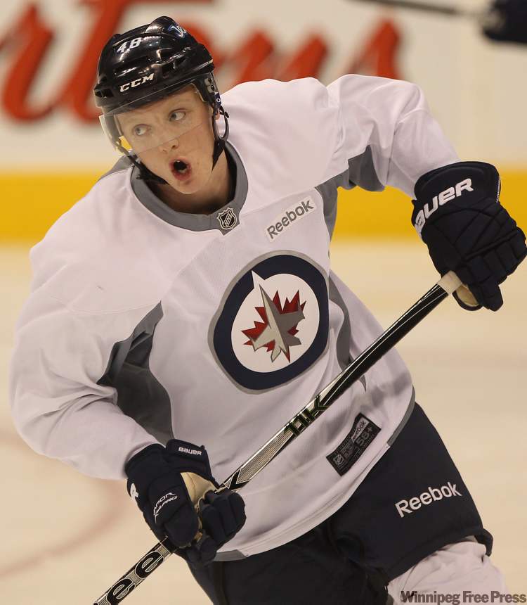 Joe Bryksa / Winnipeg Free Press
Winnipeg Jet Carl Klingberg at morning practice at the MTS Centre Thursday.