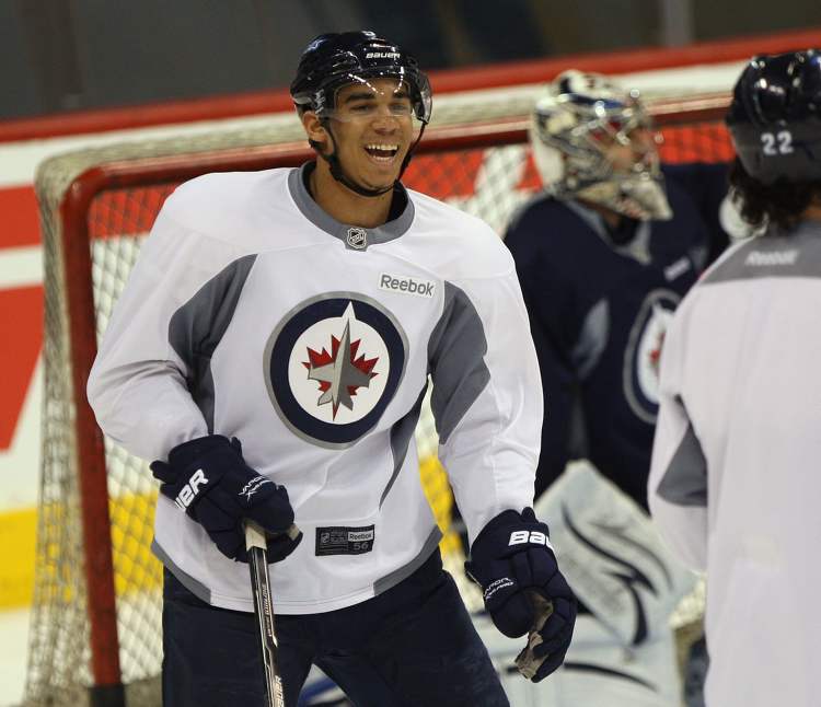 JOE BRYKSA / WINNIPEG FREE PRESS
Winnipeg Jets' forward Evander Kane skates during the game day workout Tuesday morning at the MTS Centre in Winnipeg after recovering from a concussion. The Jets are in preparation for a game against the Toronto Maple Leafs tonight in Winnipeg and all eyes were on Kane after it was confirmed that he will start.