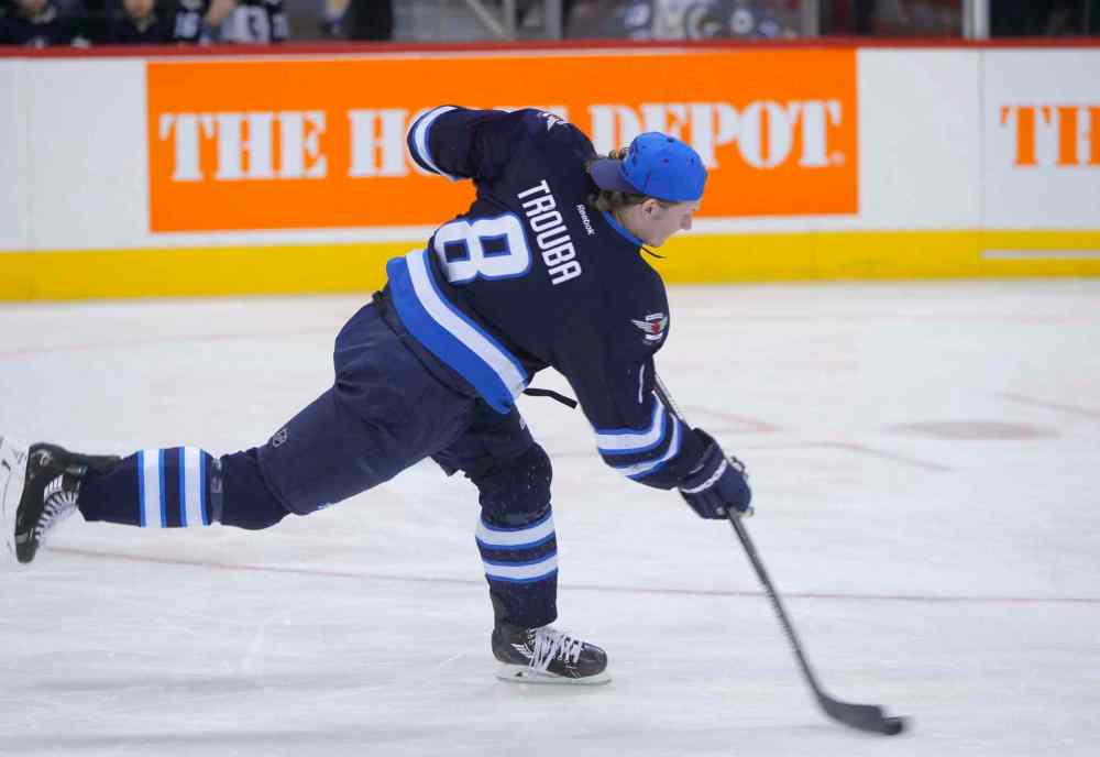 Boris Minkevich / Winnipeg Free Press
Defenceman Jacob Trouba unloads during the hardest shot portion of the skills competition.