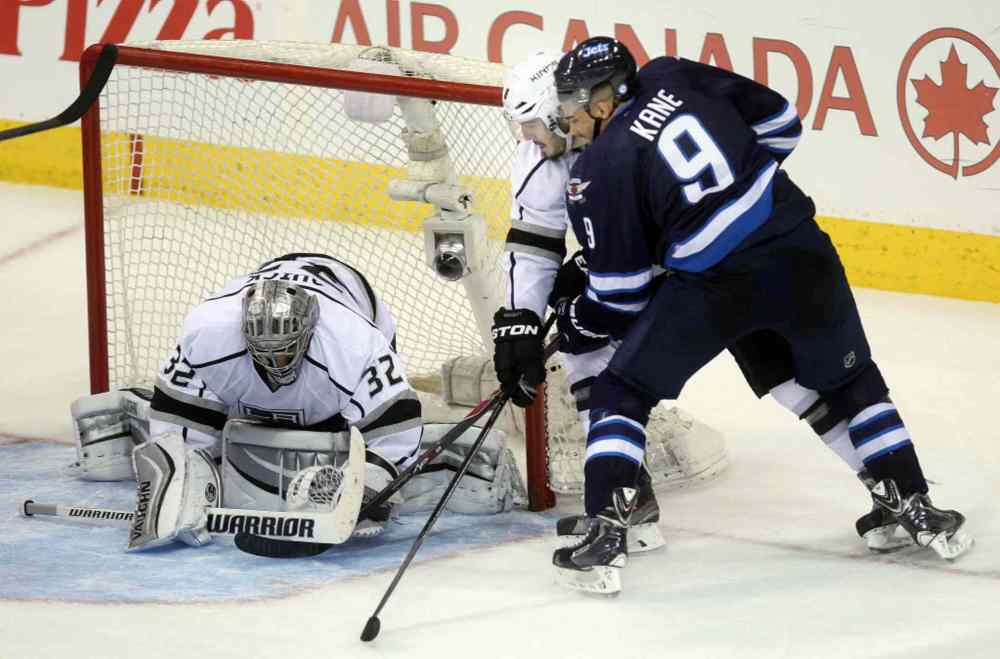 Phil Hossack / Winnipeg Free Press
Goalie Jonathan Quick covers up Kanes first attempt in the third period.