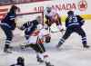 TREVOR HAGAN/WINNIPEG FREE PRESS
Calgary Flames' Sam Bennett (63) at the side of the net and Michael Ferland (79) right before Ferland opened the scoring on Winnipeg Jets' goaltender Michael Hutchinson (34) in the first minute of NHL hockey action on Saturday.