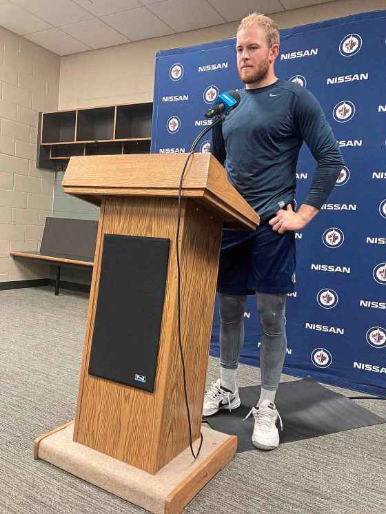 Jets forward Andrew Copp speaks earlier this week in St. Paul. (Mike McIntyre / Winnipeg Free Press)