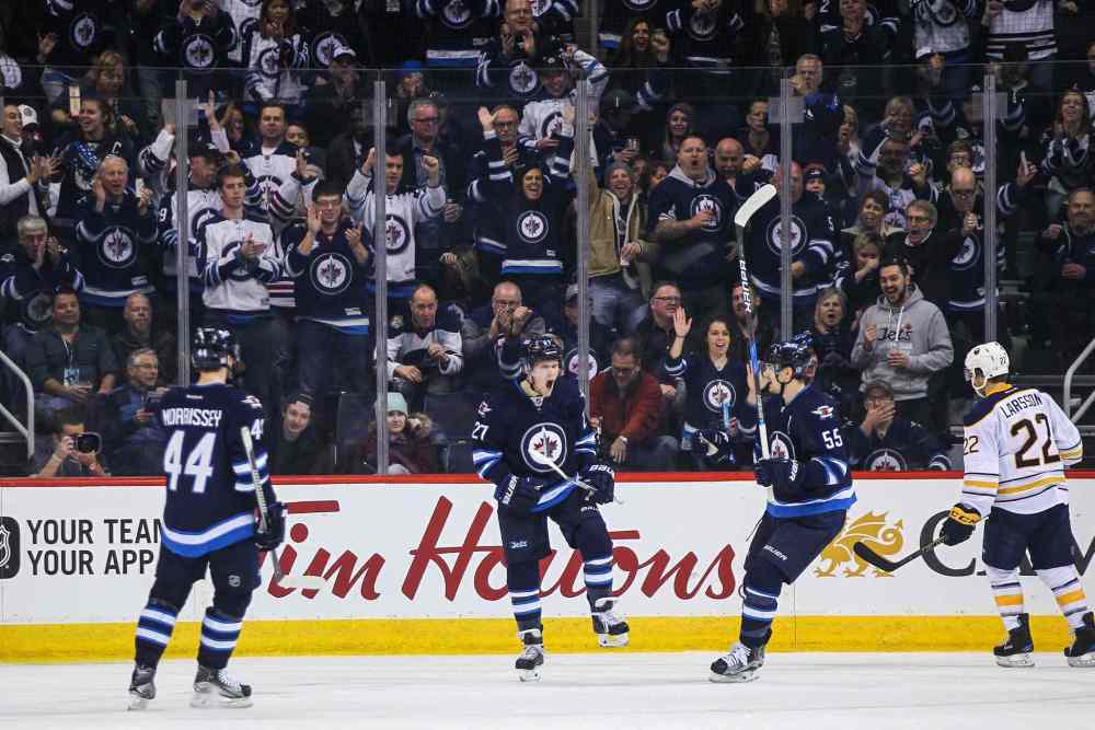 MIKE DEAL / WINNIPEG FREE PRESS
Winnipeg Jets' Nikolaj Ehlers (27) celebrates his goal against the Buffalo Sabres during NHL game action Sunday afternoon at the MTS Centre.