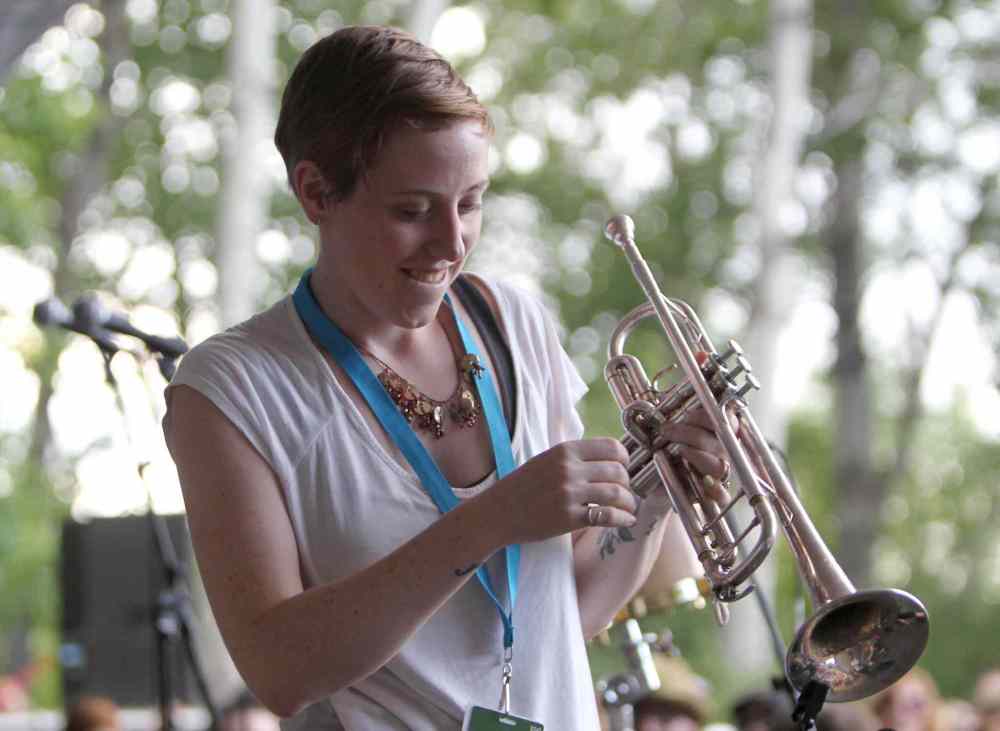 RUTH BONNEVILLE / WINNIPEG FREE PRESS
Trumpet player Martine Labbé with the band Wesli performs on stage at the 44th annual Folk Festival at Birds Hill Park Saturday.
July 08, 2017