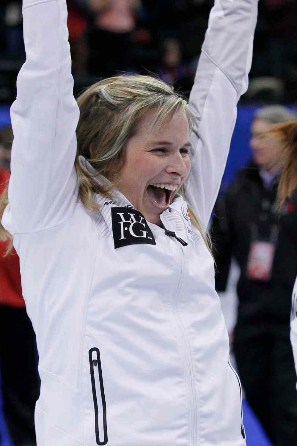 John Woods / The Canadian Press
Skip Jennifer Jones celebrates beating Sherry Middaugh in the women's final at the 2013 Roar of the Rings Canadian Olympic Curling Trials.
