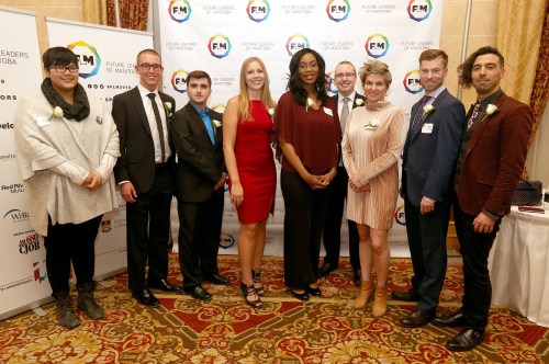 L-R: Award nominees Shania Pruden, Ryan Churchill, Ben Sabic, Tessa Blaikie Whitecloud, Patricia Kumbakisaka, Glen Buhler, Carmyn Aleshka, Michael Anderson and Eric Plamondon at the 10th annual Future Leaders of Manitoba Awards on Jan. 25, 2018, at the Fort Garry Hotel.