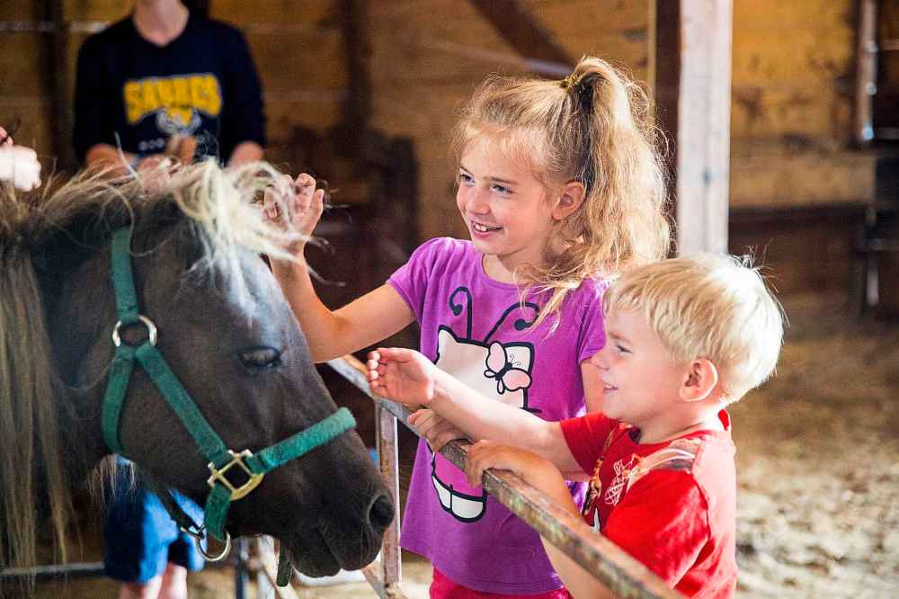 Victoria Whitton, 7 (left), and Preston Whitton, 4, pet the ponies.