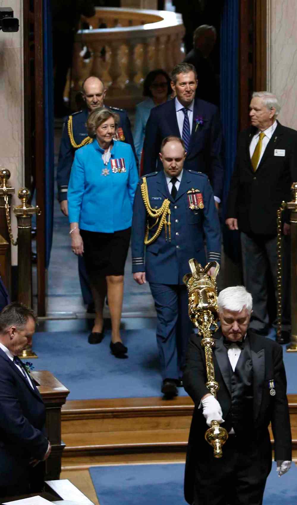 WAYNE GLOWACKI / WINNIPEG FREE PRESS
Top at right, Premier Brian Pallister with Lt. Gov. Janice Filmon enter the Manitoba Legislature Monday for the reading of the Throne Speech.