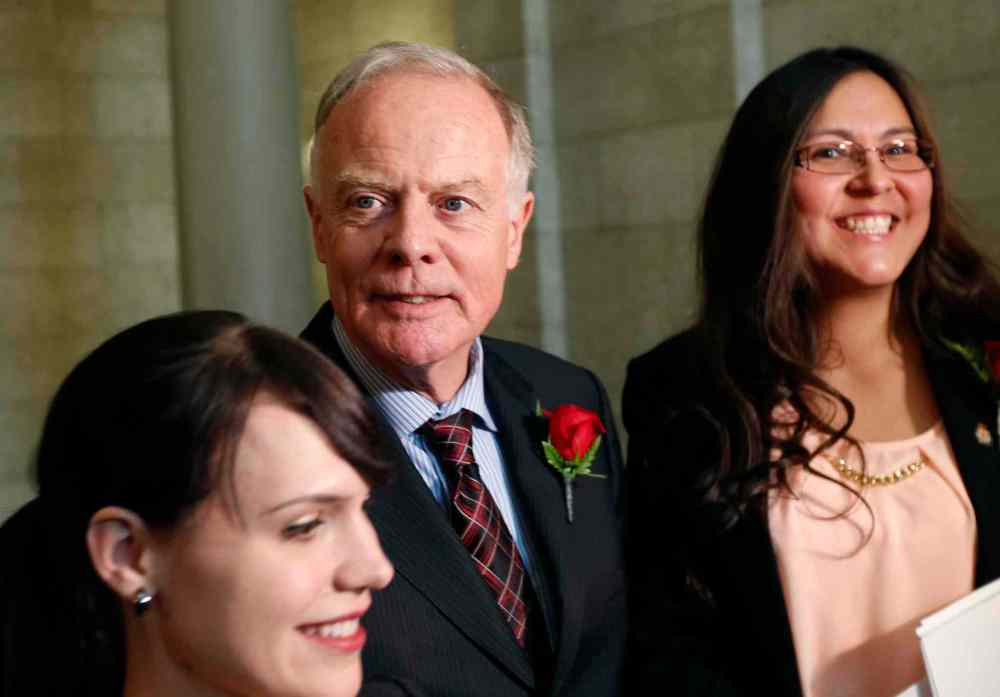 WAYNE GLOWACKI / WINNIPEG FREE PRESS
Reaction from Manitoba Liberals Jon Gerrard, Judy Klassen at right and Cindy Lamoureux after the reading of the Throne Speech in the Manitoba Legislature Monday.