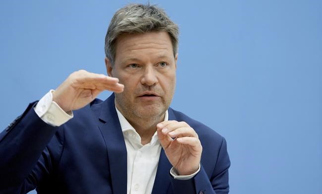 German Economy and Climate Minister Robert Habeck presents the government's so-called 'Easter Package' during a press conference in Berlin, Germany, Wednesday, April 6, 2022. (AP Photo/Michael Sohn)