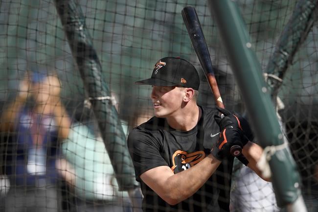 FILE - In this June 25, 2019, file photo, Baltimore Orioles first-round draft pick Adley Rutschman takes batting practice before a baseball game against the San Diego Padres in Baltimore. The Orioles called Rutschman up to the majors Saturday, May 21, 2022, paving the way for the 24-year-old catcher to make his big league debut. (AP Photo/Nick Wass, File)