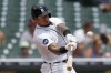Detroit Tigers' Javier Baez hits a double against the Minnesota Twins in the fourth inning of the first game of a baseball doubleheader in Detroit, Tuesday, May 31, 2022. (AP Photo/Paul Sancya)