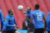 Italy's Leonardo Bonucci, left, and Italy's Giorgio Chiellini practice during a training session ahead of Wednesday's Finalissima soccer match between Italy and Argentina at Wembley Stadium in London, Tuesday, May 31, 2022. (AP photo/Frank Augstein)