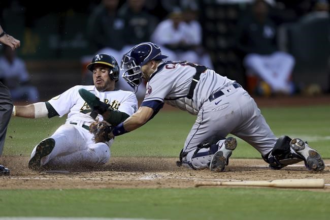 Oakland Athletics' Ramon Laureano, left, is tagged out by Houston Astros catcher Jason Castro during the fifth inning of a baseball game in Oakland, Calif., Tuesday, May 31, 2022. (AP Photo/Jed Jacobsohn)