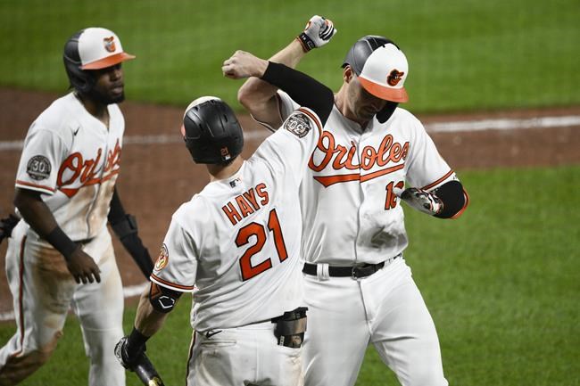 Baltimore Orioles' Trey Mancini, right, celebrates his two-run home run with Austin Hays (21) and Cedric Mullins, left, during the sixth inning of the team's baseball game against the Seattle Mariners, Wednesday, June 1, 2022, in Baltimore. (AP Photo/Nick Wass)
