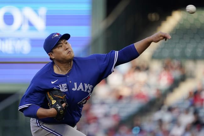 Toronto Blue Jays starting pitcher Hyun Jin Ryu throws to the plate during the first inning of a baseball game against the Los Angeles Angels Thursday, May 26, 2022, in Anaheim, Calif. (AP Photo/Mark J. Terrill)