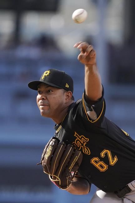 Pittsburgh Pirates starting pitcher Jose Quintana throws to the plate during the first inning of a baseball game against the Los Angeles Dodgers Wednesday, June 1, 2022, in Los Angeles. (AP Photo/Mark J. Terrill)