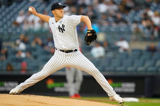 New York Yankees' Jameson Taillon pitches during the first inning in the second baseball game of the team's doubleheader against the Los Angeles Angels on Thursday, June 2, 2022, in New York. (AP Photo/Frank Franklin II)