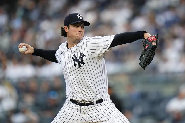 New York Yankees' Gerrit Cole pitches during the first inning of the team's baseball game against the Detroit Tigers on Friday, June 3, 2022, in New York. (AP Photo/Frank Franklin II)