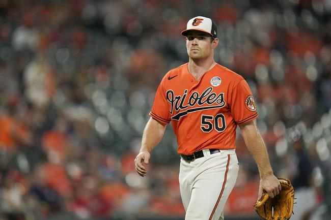Baltimore Orioles starting pitcher Bruce Zimmermann heads to the dugout after being pulled for a reliever during the sixth inning of a baseball game against the Cleveland Guardians, Friday, June 3, 2022, in Baltimore. (AP Photo/Julio Cortez)
