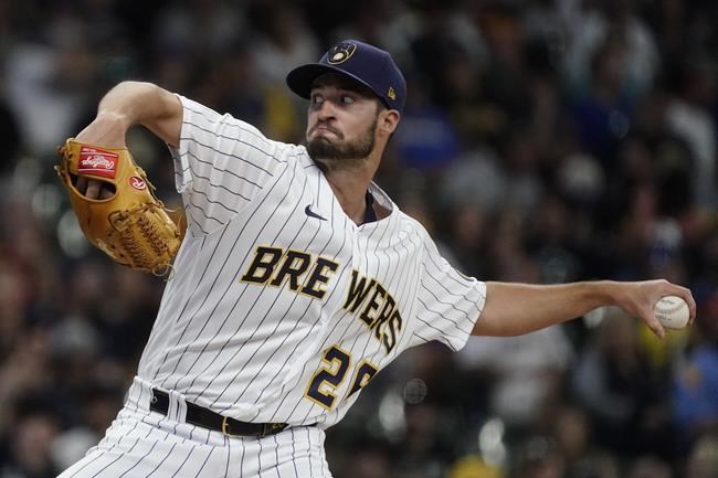 Milwaukee Brewers starting pitcher Aaron Ashby throws during the first inning of a baseball game against the San Diego Padres Saturday, June 4, 2022, in Milwaukee. (AP Photo/Morry Gash)