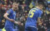 Ukraine's Oleksandr Zinchenko, left, and Ukraine's Viktor Tsygankov during the World Cup 2022 qualifying play-off soccer match between Wales and Ukraine at Cardiff City Stadium, in Cardiff, Wales, Sunday, June 5, 2022. (AP Photo/Rui Vieira)