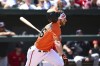 Baltimore Orioles' Ryan McKenna watches his single hit against Cleveland Guardians starting pitcher Zach Plesac during the third inning of a baseball game, Sunday, June 5, 2022, in Baltimore. (AP Photo/Terrance Williams)