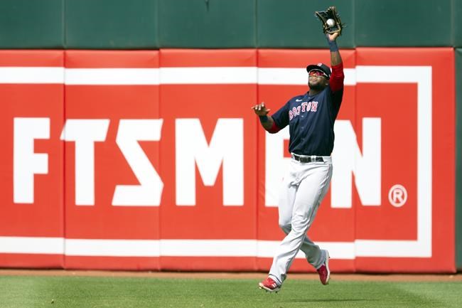Boston Red Sox right fielder Franchy Cordero (16) leaves his feet to make the catch of a line drive by Oakland Athletics' Ramon Laureano during the seventh inning of a baseball game, Sunday, June 5, 2022, in Oakland, Calif. (AP Photo/D. Ross Cameron)