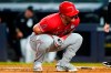 Los Angeles Angels' Mike Trout reacts after he was hit by a pitch during the ninth inning in the second baseball game of a doubleheader against the New York Yankees, Thursday, June 2, 2022, in New York. (AP Photo/Frank Franklin II)