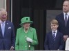 From left, Prince Charles, Queen Elizabeth II, Prince George and Prince William appear on the balcony of Buckingham Palace during the Platinum Jubilee Pageant outside Buckingham Palace in London, Sunday June 5, 2022.  After four days of parades, street parties and a gala concert celebrating Queen Elizabeth II's 70 years on the throne, the Platinum Jubilee ended Sunday with the crowd outside Buckingham Palace singing 