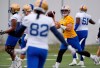 Winnipeg Blue Bombers quarterback Zach Collaros (8) throws to Drew Wolitarsky (82) during practice at training camp in Winnipeg Thursday, May 19, 2022. THE CANADIAN PRESS/John Woods