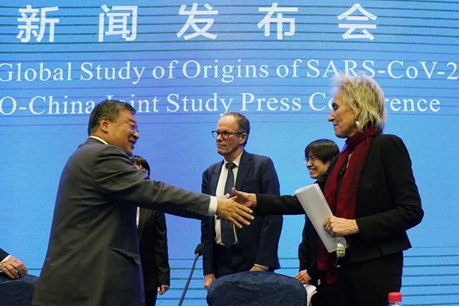 FILE - Marion Koopmans, right, and Peter Ben Embarek, center, of the World Health Organization team say farewell to their Chinese counterpart Liang Wannian, left, after a WHO-China Joint Study Press Conference at the end of the WHO mission in Wuhan, China on Feb. 9, 2021. Experts drafted by the World Health Organization to help investigate the origins of the coronavirus pandemic say further research is needed to determine how COVID-19 first began. They say they need a more detailed analysis of the possibility it was a laboratory accident. (AP Photo/Ng Han Guan, File)