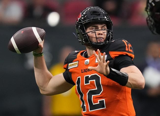 B.C. Lions quarterback Nathan Rourke knows that taking over the starter spot isn't going to be easy. Not only is the 24-year-old Ohio product under the spotlight as a rare Canadian QB, he's also stepping into a role vacated by Michael Reilly, the man who led the league in passing last season. Rourke passes during the first half of a pre-season CFL football game against the Saskatchewan Roughriders in Vancouver, B.C., Friday, June 3, 2022. THE CANADIAN PRESS/Darryl Dyck