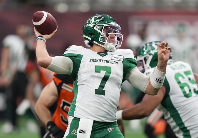 Saskatchewan Roughriders quarterback Cody Fajardo passes during the first half of a pre-season CFL football game against the B.C. Lions in Vancouver, B.C., Friday, June 3, 2022. One of the recurring narratives last season for the Roughriders was their inability to successfully throw the ball deep, with the spotlight falling on Fajardo. THE CANADIAN PRESS/Darryl Dyck