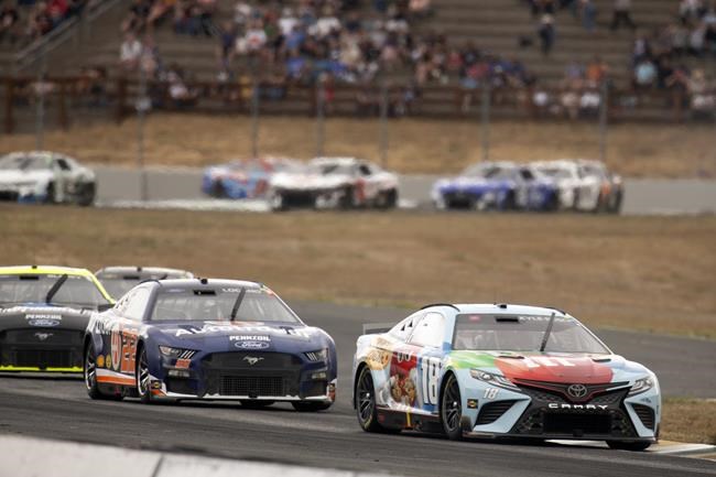 Joey Logano (22) and Kyle Busch (18) navigate a turn during a NASCAR Cup Series race, Sunday, June 12, 2022, at Sonoma Raceway in Sonoma, Calif. (AP Photo/D. Ross Cameron)