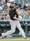 Chicago White Sox's Jose Abreu hits a two-run home run against the Detroit Tigers during the first inning of a baseball game Monday, June 13, 2022, in Detroit. (AP Photo/Duane Burleson)