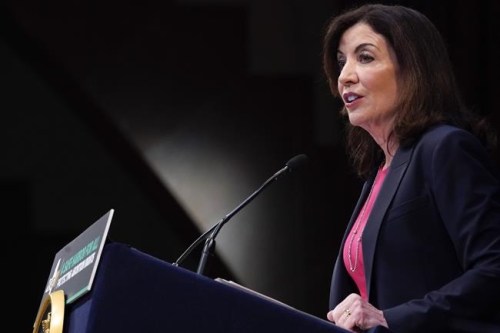 New York Gov. Kathy Hochul speaks during a ceremony to sign a legislative package to protect abortion rights in New York, Monday, June 13, 2022. New York has expanded legal protections for people seeking and providing abortions in the state under legislation signed by Gov. Hochul on Monday. (AP Photo/Mary Altaffer)